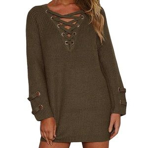 Women's Front Lace Up V Neck Knit Pullover